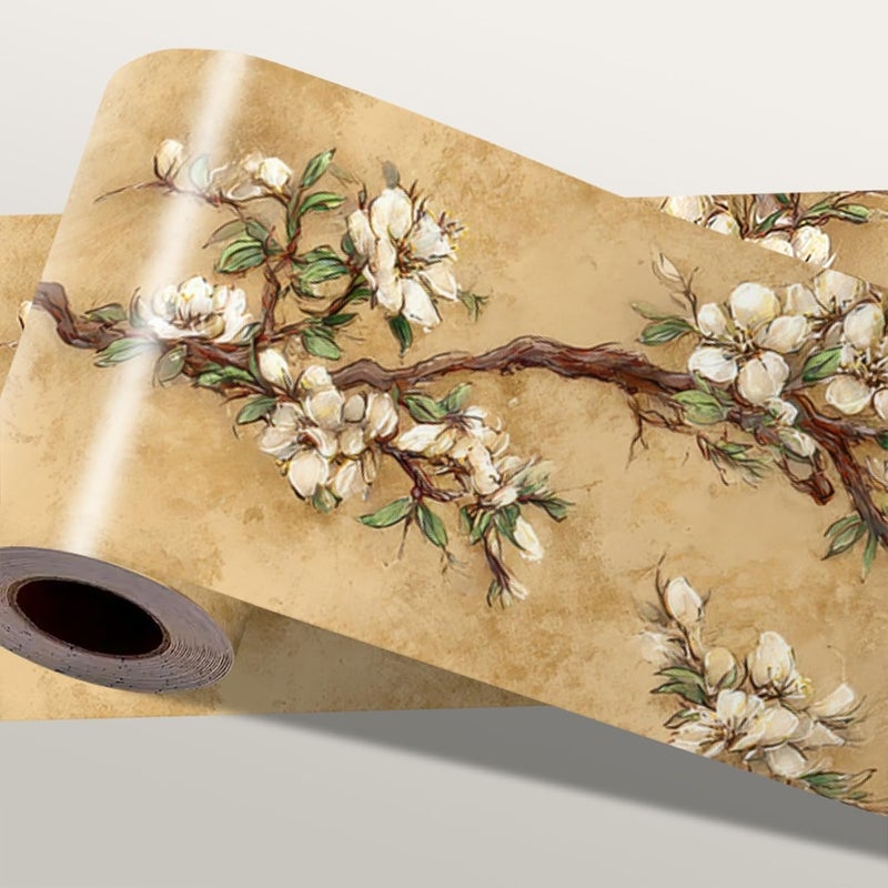 IOHEFY Vintage Blossom Wallpaper Border 196x4 Inch Beige Floral Branch Peel and Stick Wall Border Removable Decorative Vinyl Trim for Bathroom Bedroom Kitchen Living Room Decor - Image 1